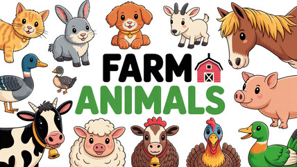 Naklejka premium Colorful farm animals illustration set featuring cows pigs sheep chickens a rooster with a rustic wooden fence background animal characters children