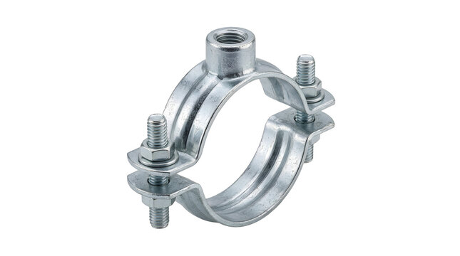 Galvanized steel pipe clamp with threaded rods and nuts for plumbing support.