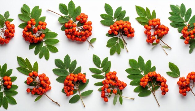 Pattern made from rowan berries and green leaves on white background, autumn botanical flat lay