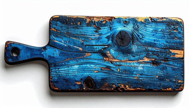 Blue painted wooden cutting board with distressed texture, isolated on white background, farmhouse kitchen style, premium mockup