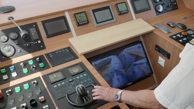 A ship captain navigates a commercial vessel using the modern bridge control console and joystick. Digital screens display live navigation views during precise boat maneuvering in a harbor.