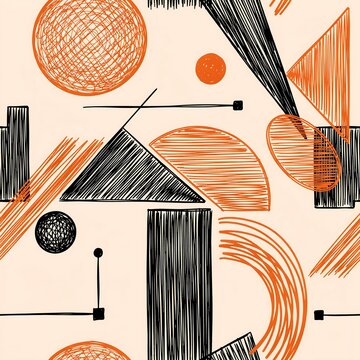 Seamless geometric pattern with scribbled orange and black shapes on a light beige background