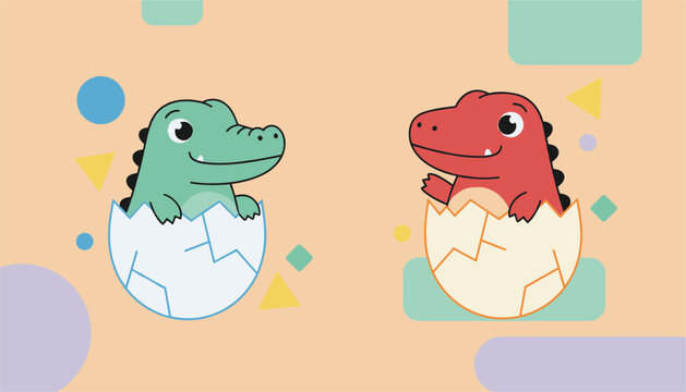 Two cute baby crocodiles hatching from eggs on a colorful geometric background with playful shapes.