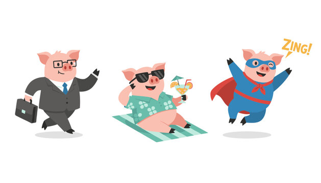 Diverse character illustrations depicts three cartoon pigs dressed as a businessman, a vacationer, and a powerful flying superhero.