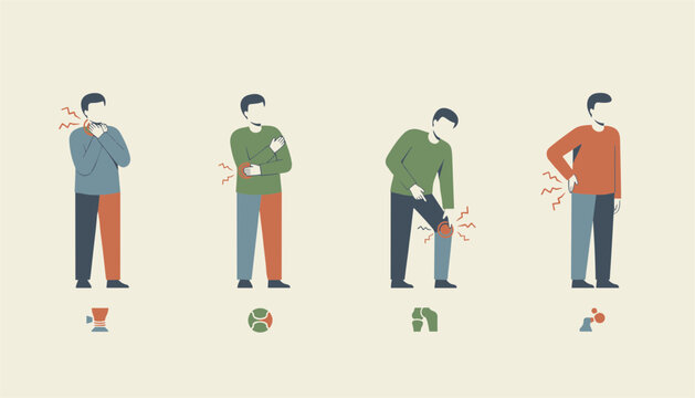 Detailed medical illustration depicts several male figures experiencing common physical ailments including neck, arm, knee, and back pain.