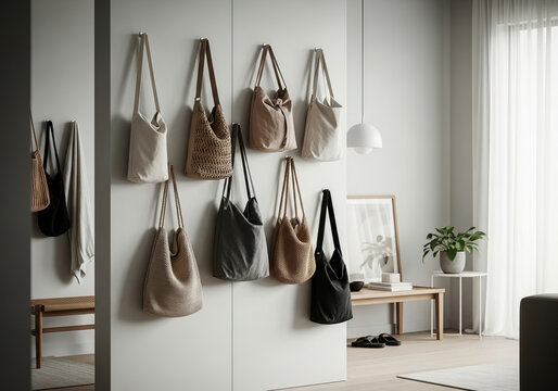 Collection of modern leather shoulder bags hanging on a white wall in a minimalist interior.
