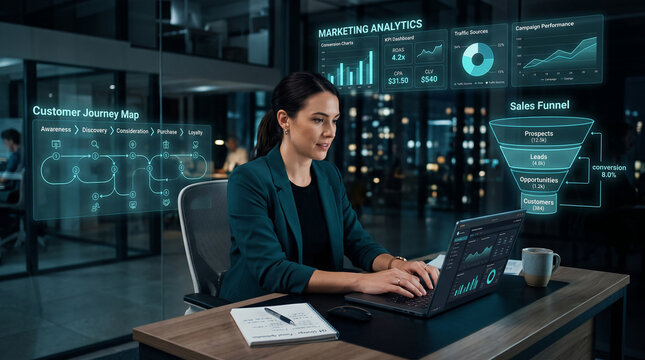 Professional analyzing marketing analytics with holographic data
