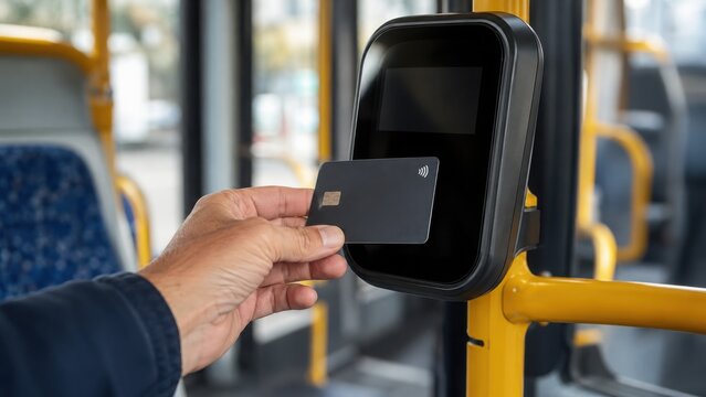 Hand holding contactless payment card near electronic reader on bus, interior view showing seats and yellow handrails in urban public transport setting