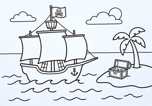 Pirate ship and treasure chest on island coloring page for kids