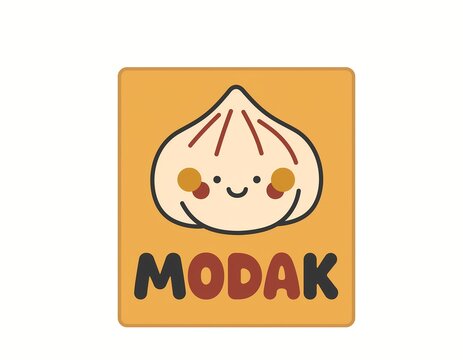 A stylized modak dumpling with a smiling face is depicted within a rounded square frame showcasing a warm color palette cartoon cuisine