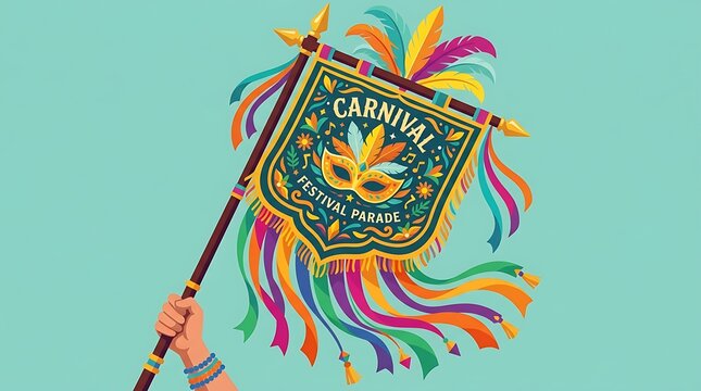 Carnival parade flag with feathers and streamers, minimal text, premium flat vector design