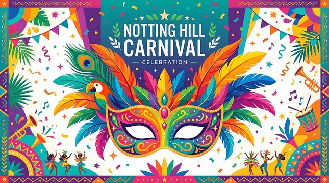 Tropical feathered, vibrant carnival masquerade mask with simple Notting Hill Carnival wording