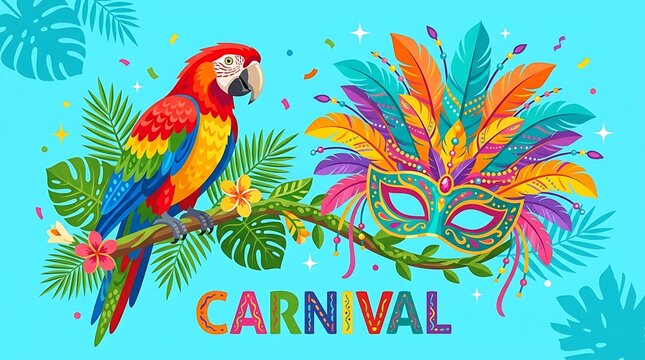 Vibrant flat vector artwork, minimal Carnival text, and a tropical parrot perched next to a feathered mask