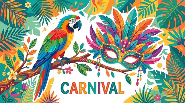 Tropical parrot perched beside a feathered mask, minimal Carnival text, colorful flat vector artwork
