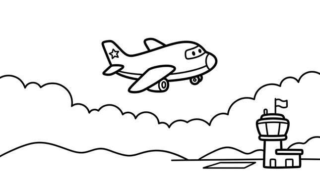 Airplane Flying Over Airport Control Tower Coloring Page for Kids