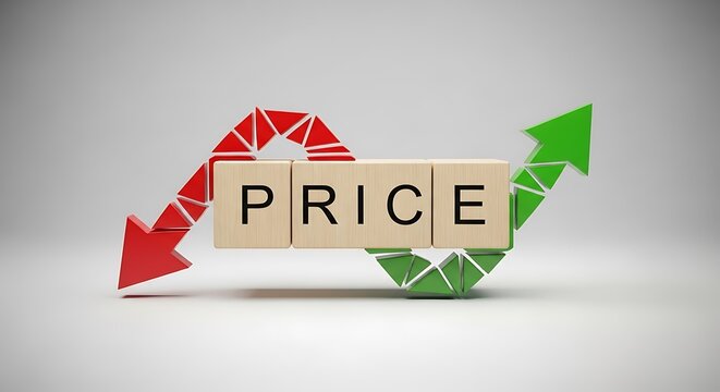 Price fluctuation concept with wooden blocks. Red and green arrows showing market volatility. Financial cost adjustment metaphor.