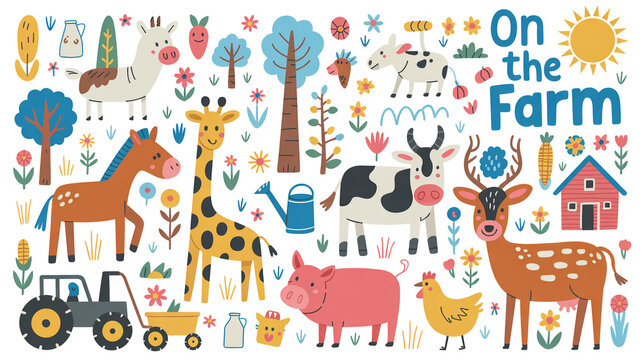 Colorful cartoon farm scene with animals barn tractor rural landscape illustration for children's educational content children education hay bales