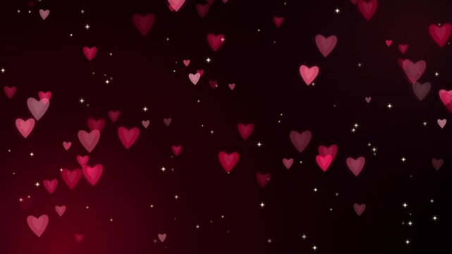 Floating pink red hearts with glowing sparkles flying on deep dark background perfect for romantic anniversary or valentines, wedding event video.