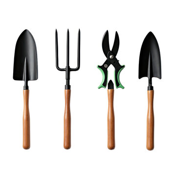 Set of gardening tools including trowel pruning shears garden fork and transplanter isolated on white background