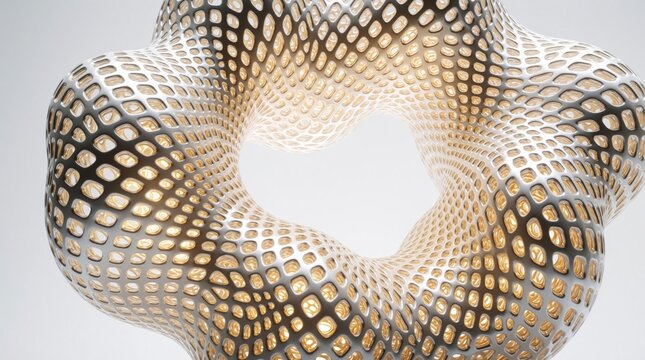 Intricate geometric sculpture with open mesh design. Internal glow illuminates the complex interwoven structure. Abstract art form evokes modern elegance and futuristic design.