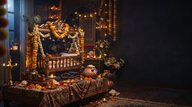 Ornate Krishna cradle in dim prayer space with lamps and flowers, traditional Janmashtami jhula decoration for divine baby celebration