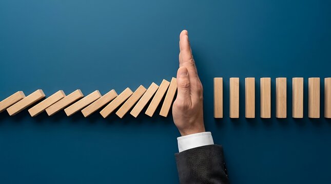 Hand stopping a domino chain reaction to prevent failure and manage business risk.