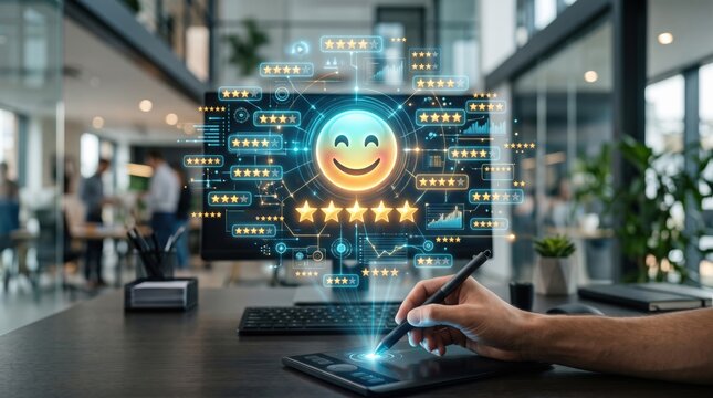 Customer feedback analysis with digital stars and happy face interface