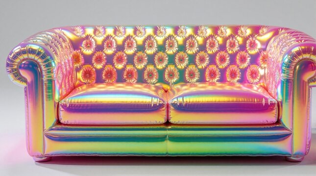 Iridescent inflatable couch with tufted floral pattern. Futuristic holographic furniture for living room decor. Shiny, reflective, pop art seat. Playful home seating.
