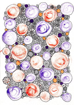 Intricate mixed-media hand-drawn artwork combining stamped circular textures in soft coral orange and violet with detailed black ink zen doodle patterns, spiderweb linework, and concentric circles.
