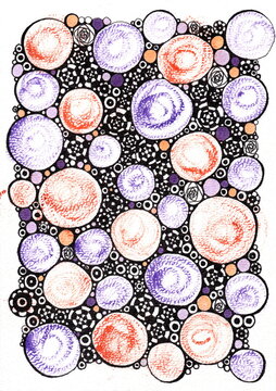 Detailed mixed-media hand-drawn illustration featuring textured circular stamps in coral orange, lilac, and purple tones, set against a rich black ink zen doodle background filled with concentric ring