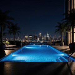 Fototapeta premium Rooftop pool glows at night with city skyline backdrop. Palm trees frame view of urban lights under dark starry sky. Luxury resort vibe for relaxation and vacation.