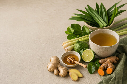 Thai Herbal Wellness Ingredients with Ginger, Lemongrass, Turmeric and Warm Tea
