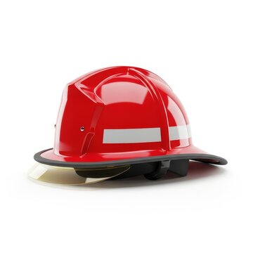 A professional red industrial firefighting helmet features a rugged design with a reflective stripe, isolated on a clean white background, still life, rugged, shield