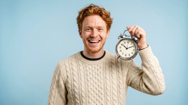 Cheerful Red Haired Man Holding Vintage Alarm Clock Against Blue Studio Background