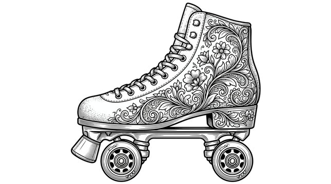 Vintage roller skate illustration with intricate floral engraving patterns in black and white line art style