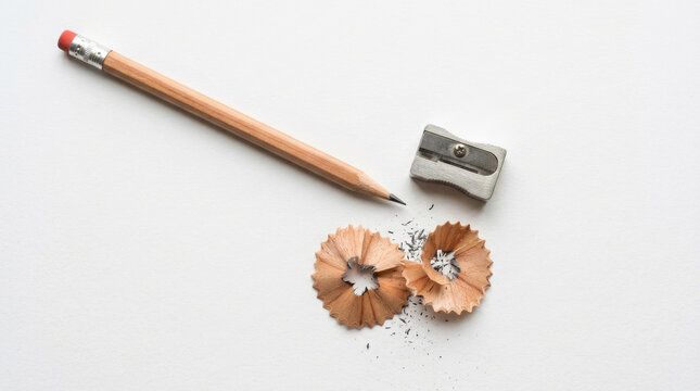 Wooden Pencil with Metal Sharpener and Fresh Shavings on Clean White Background