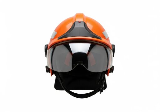 A professional orange firefighter rescue helmet featuring a clear protective visor, isolated on a white background for safety equipment, professional, rescue, plastic