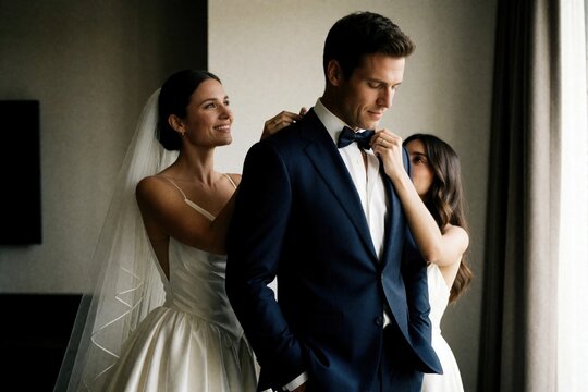 Bride helps groom adjust bow tie before wedding ceremony. Couple shares tender moment getting ready. Newlyweds prepare for marriage with joyful anticipation. Love connection.