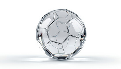 Fototapeta premium Soccer ball made of transparent glass rests on a clean white surface with subtle reflections creating a sleek modern look.