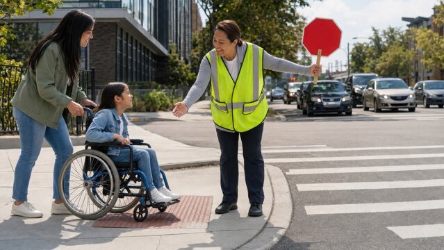 Crossing guard in bright safety vest assists young girl in wheelchair at crosswalk while traffic waits, urban setting with buildings and trees in the background