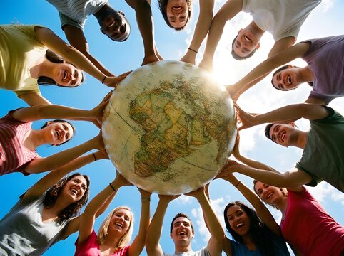 Low angle shot of happy diverse young friends holding an earth globe together against blue sky. Global community teamwork, environmental care, and unity concept.