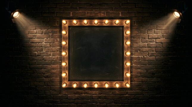 Dramatic spotlight on a blank black chalkboard framed with glowing vintage marquee lights