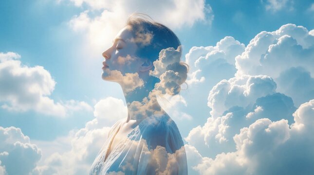 Profile woman double exposed with clouds in blue sky. Female face with closed eyes blends into sky. Calmness, peace, serenity, nature connection, mindfulness concept.