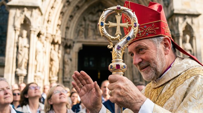 Catholic bishop holding golden crozier and blessing crowd. Clergyman in red mitre outside gothic cathedral. Religious ceremony and celebration