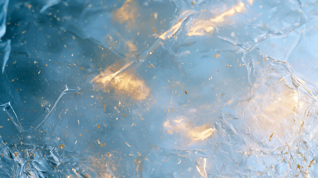Abstract icy blue Christmas background with shimmering gold reflections and textured frozen surface. 