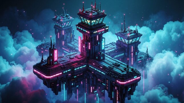 3D voxel style cyberpunk control tower floats among glowing clouds. Futuristic neon architecture features pink, blue lights in dark space. Digital AI station with high tech structure stays suspended