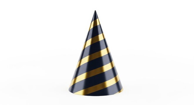 Modern matte navy party hat featuring elegant gold metallic stripes. Sophisticated cone-shaped celebration headwear isolated on white, decor, single, blue