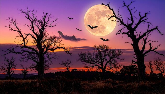 Halloween Night Background with Full Moon
and Dead Tree Silhouettes, Dark Seasonal
Background with Copy Space