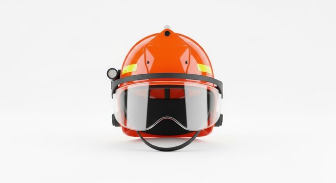Vibrant orange firefighter rescue helmet with a clear protective face shield and chin strap, perfectly isolated on a solid white background, shiny, isolated, headgear