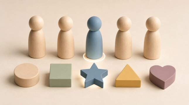 customer service experience personalization. Wooden peg figures and geometric shapes with one unique blue figure and star on a neutral background.
